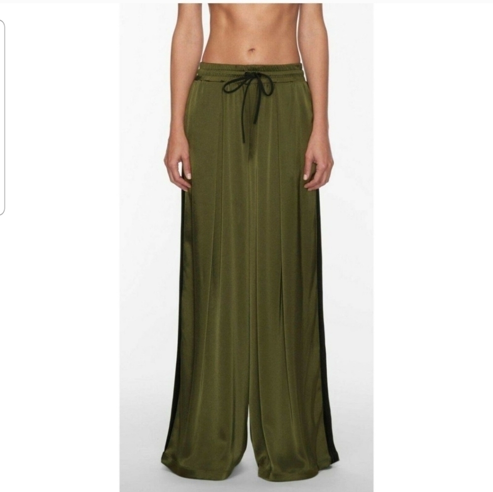 Koral Pine Green Celeste Wide Leg Satin Drawstring Pants Size S